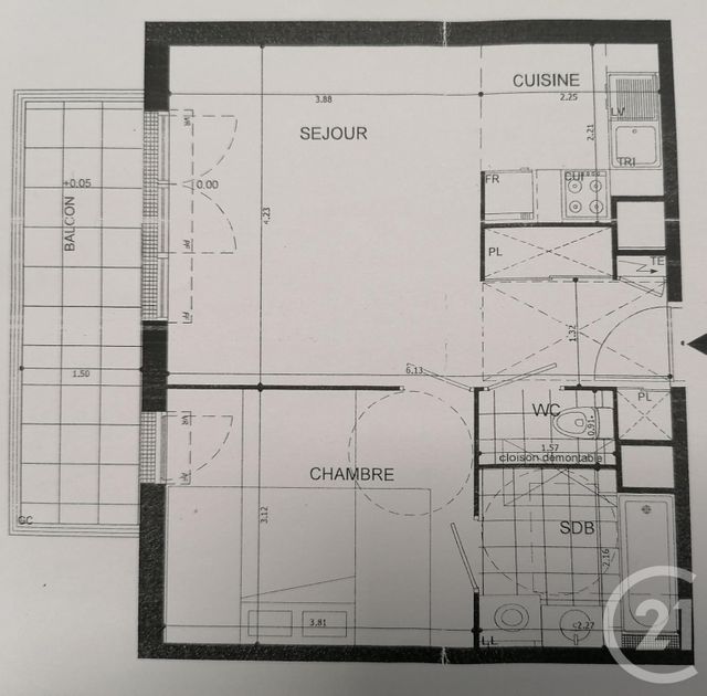 Appartement F2 à louer - 2 pièces - 43.53 m2 - MAUREPAS - 78 - ILE-DE-FRANCE - Century 21 S.L.P. Immobilier